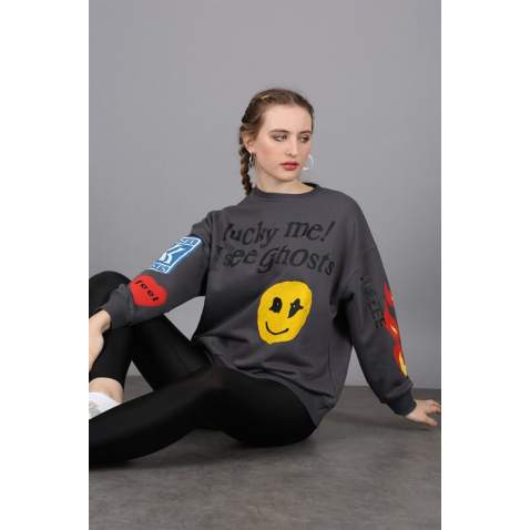 Mad Girls Printed Oversize Smoke Gray Sweatshirt Mg1207 - Antrasit