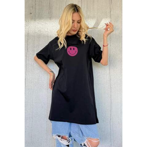 Women Printed Oversize Black T-Shirt - Siyah