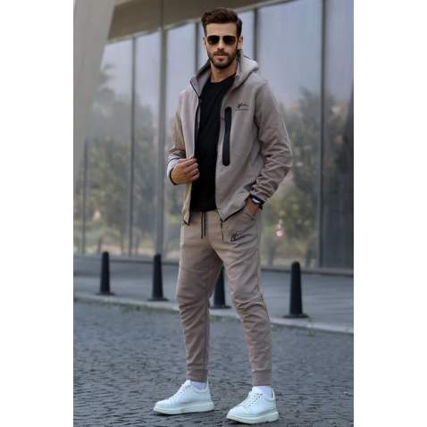 Men Printed Beige Tracksuit - Bej