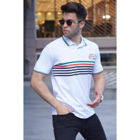 Striped White Polo T-Shirt 5869 - Beyaz