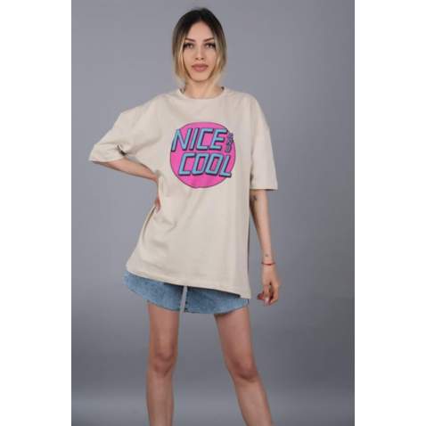 Mad Girls Printed Beige T-shirt Mg1149 - Bej