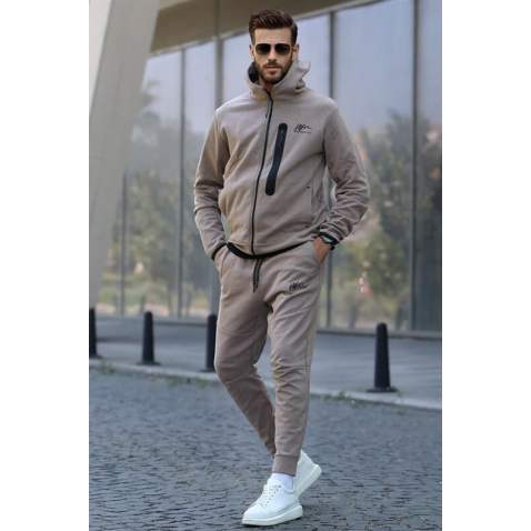 Men Printed Beige Tracksuit - Bej