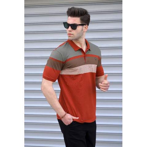 Men Striped Tile Red Polo T-Shirt - Kiremit