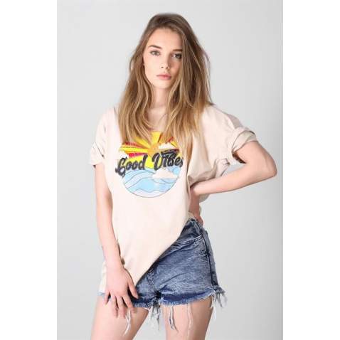 Mad Girls Printed Beige T-shirt Mg1148 - Bej