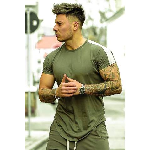 Madmext Khaki Striped T-shirt for Men 4100 - Haki