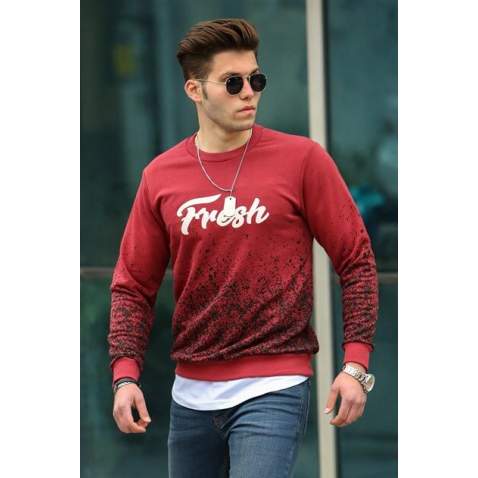 Baskılı Bisiklet Yaka Sweatshirt 2791 - Bordo