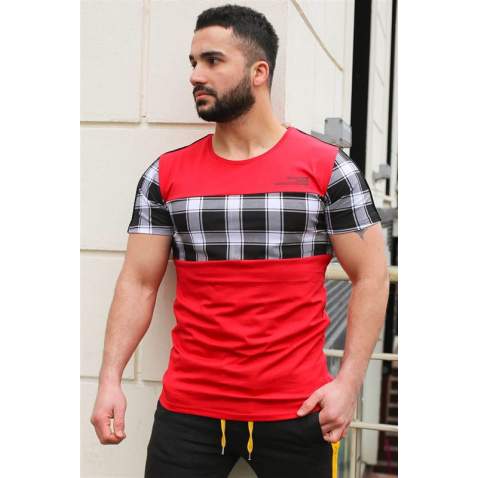 Madmext Red Plaid T-shirt for Men 3004 - Kırmızı