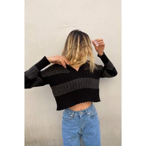 Women Striped Anthracite Cropped Sweater MG1441 - Antrasit