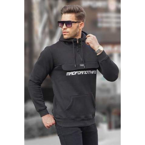 Madmext Black Kangaroo Pocket Hooded Sweatshirt 4729 - Siyah