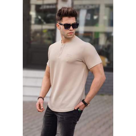 Men Beige Buttoned T-Shirt - Bej