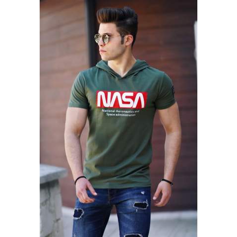 Madmext Khaki Printed T-shirt With Hood for Men 4629 - Haki