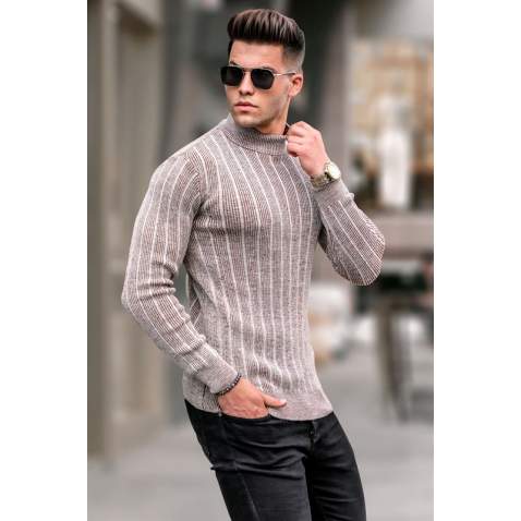 Stone Gray Designed Knitted Sweater 5761 - Taş rengi