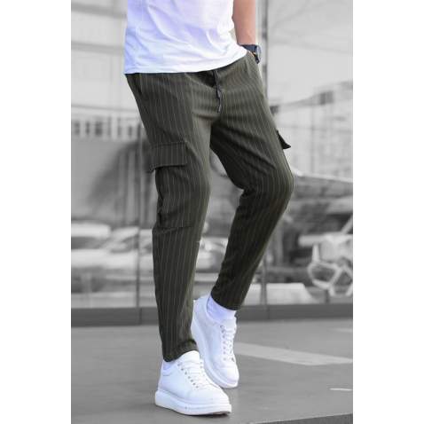 Men Striped Khaki Cargo Trousers - Haki