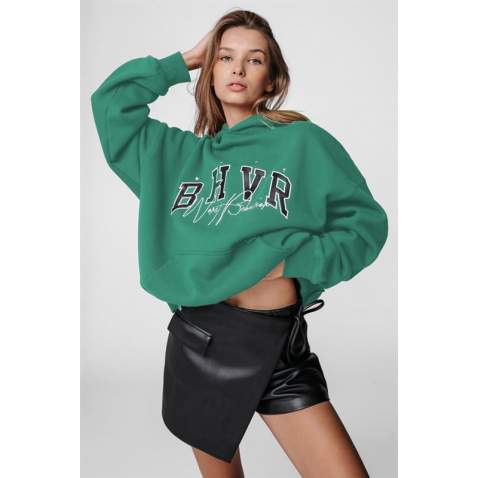 Mad Girls Embroided Sea Green Sweatshirt Hoodie MG812 - Suyeşili