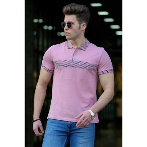 Madmext Soft Pink Patterned Polo Shirt 3058-2 - Pudra