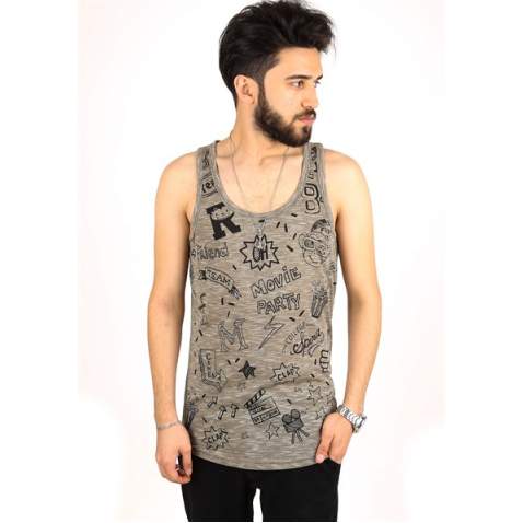 Madmext Printed Khaki Tank Top 2319 - Haki