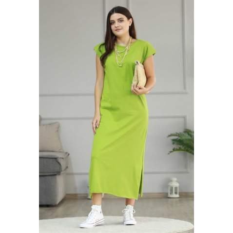 Mad Girls Green Shoulder Pad Slit Midi Dress MG357 - Yeşil