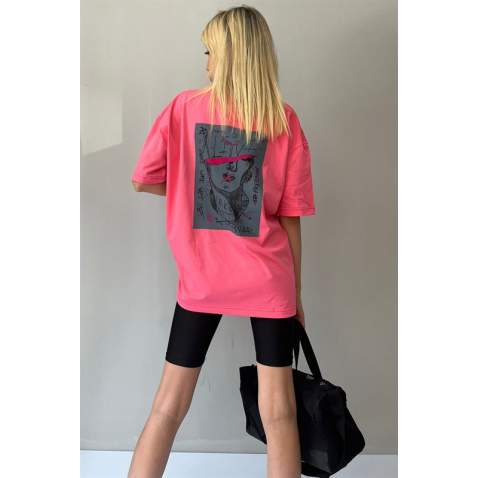 Women Printed Oversize Pink T-Shirt MG1491 - Pembe