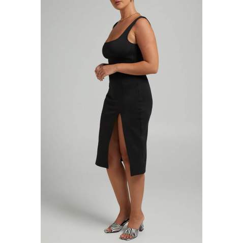 Mad Girls Plain Black Midi Dress MG1423 - Siyah