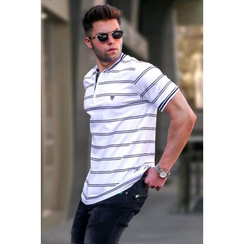 Men Striped White Polo T-Shirt 5874 - Beyaz