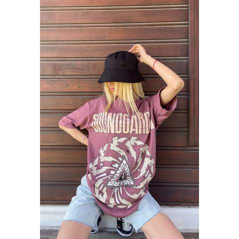 Women Printed Dusty Rose Over Fit T-Shirt MG1499 - Gül kurusu