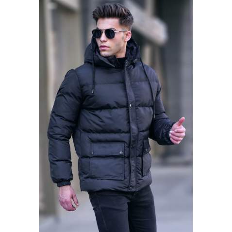 Black Hoodie Basic Puffer Jacket 5702 - Siyah