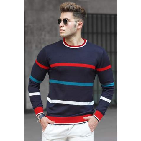 Madmext Men Striped Navy Blue Knitted Sweater 5171 - Lacivert