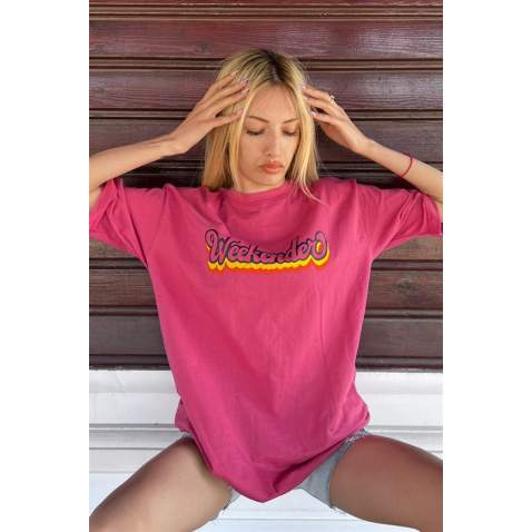 Women Printed Oversize Pink T-Shirt - Pembe