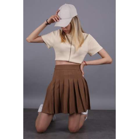 Women Basic Pleated Brown Skirt MG1484 - Kahverengi