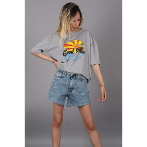 Mad Girls Printed Gray T-shirt Mg1148 - Gri