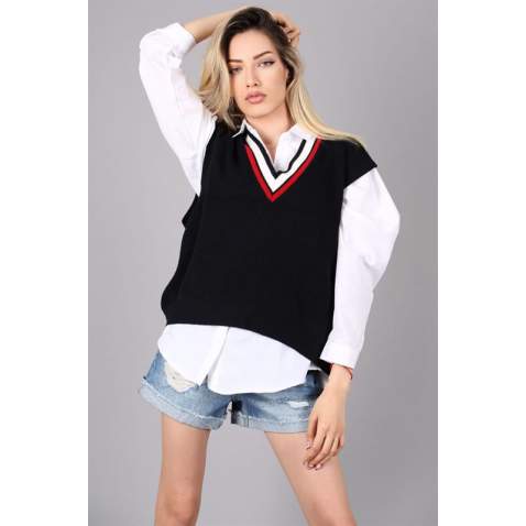 Women Striped Black Sweater - Koyu lacivert