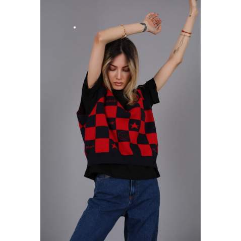 Women Designed Red Sweater - Kırmızı