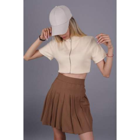 Women Basic Pleated Brown Skirt MG1484 - Kahverengi