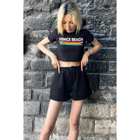 Black Printed Crop T-Shirt MG1535 - Siyah